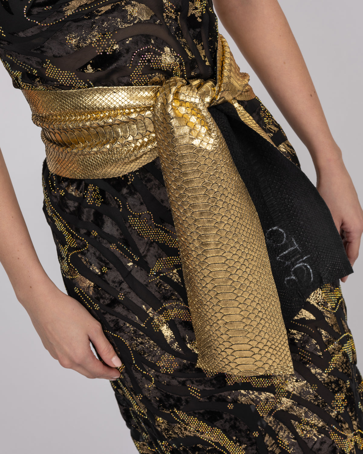Luxury Silk Midi Dress with Gold Accents
