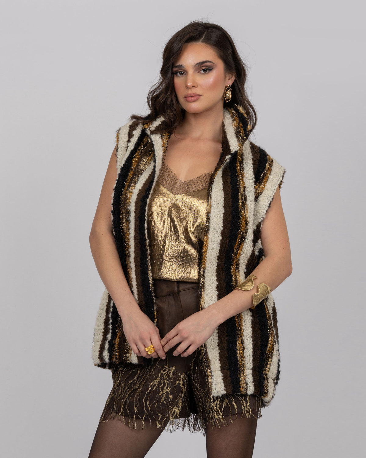 Brown Faux Leather Shorts with French Lace Hem