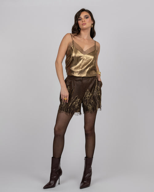 Brown Faux Leather Shorts with French Lace Hem