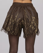 Brown Faux Leather Shorts with French Lace Hem