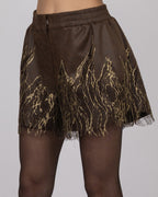 Brown Faux Leather Shorts with French Lace Hem