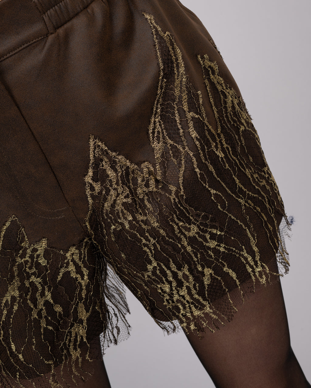 Brown Faux Leather Shorts with French Lace Hem