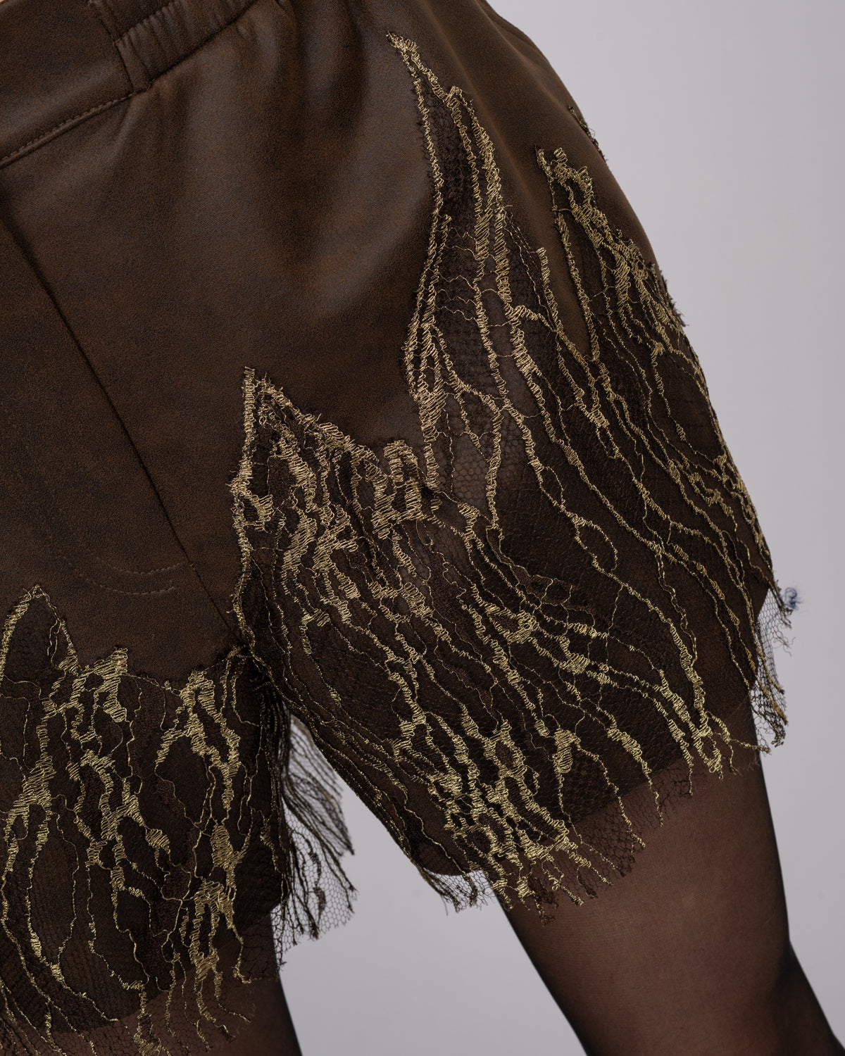 Brown Faux Leather Shorts with French Lace Hem