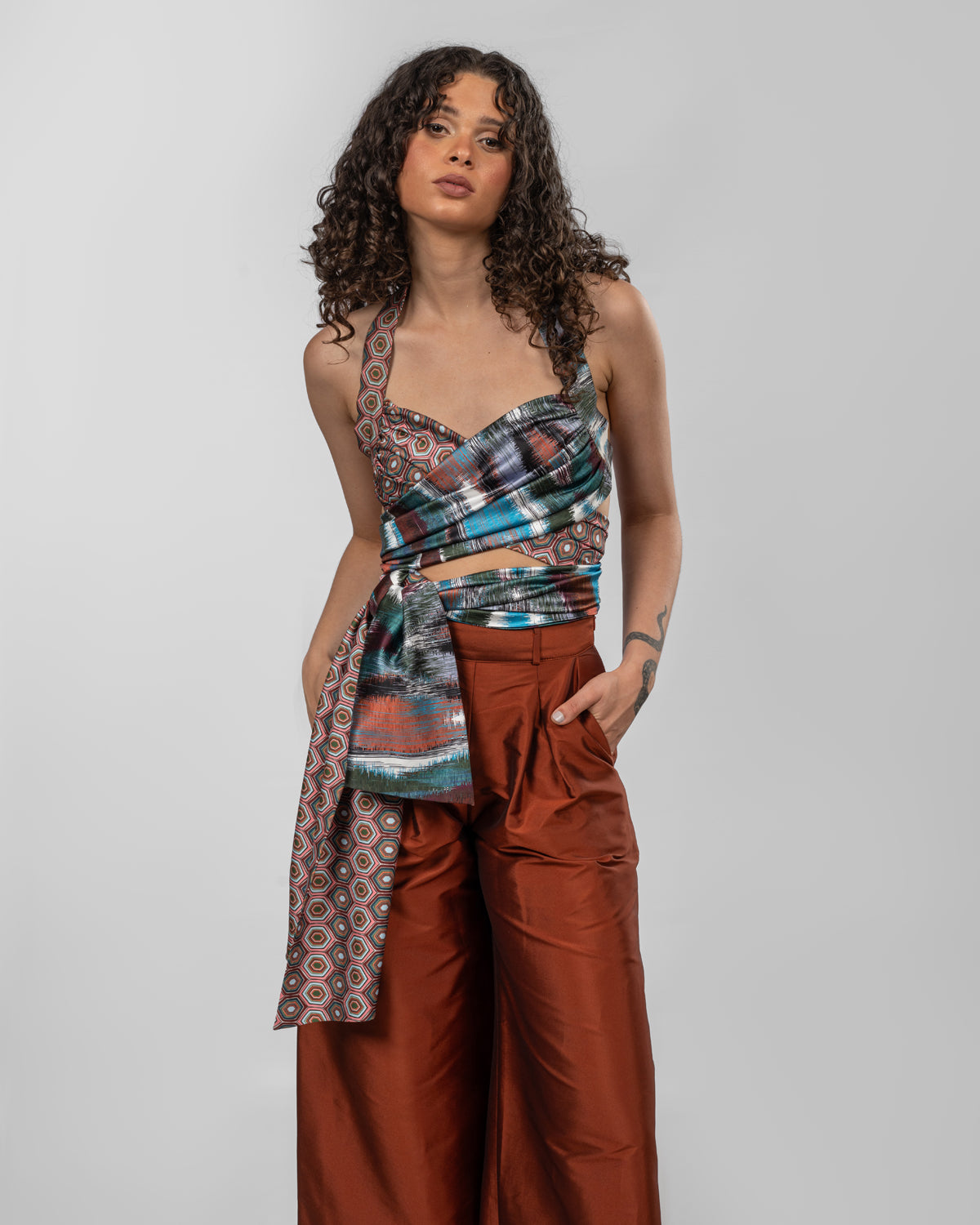 Printed Italian Silk Satin Wrap Top