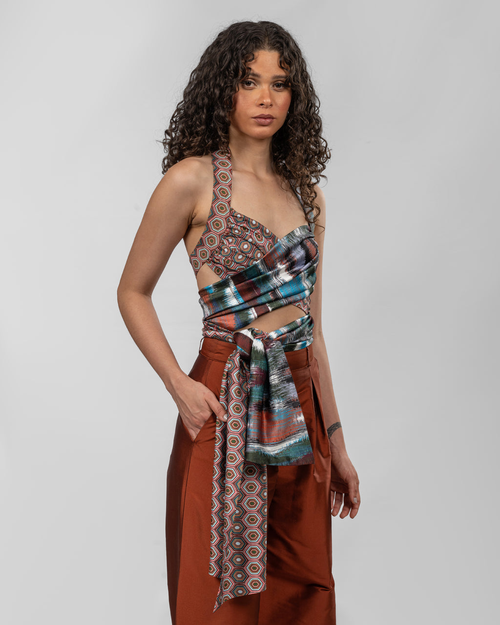 Printed Italian Silk Satin Wrap Top