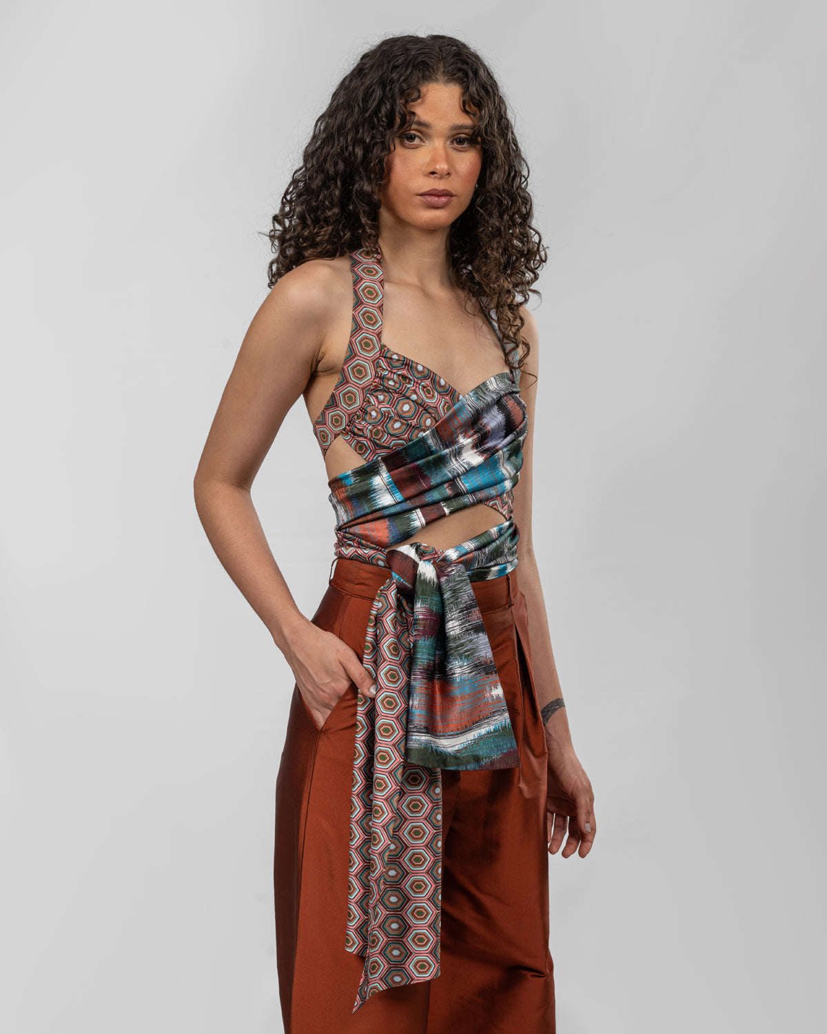 Printed Italian Silk Satin Wrap Top