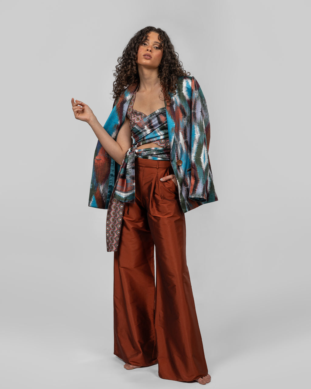 Printed Italian Silk Satin Wrap Top