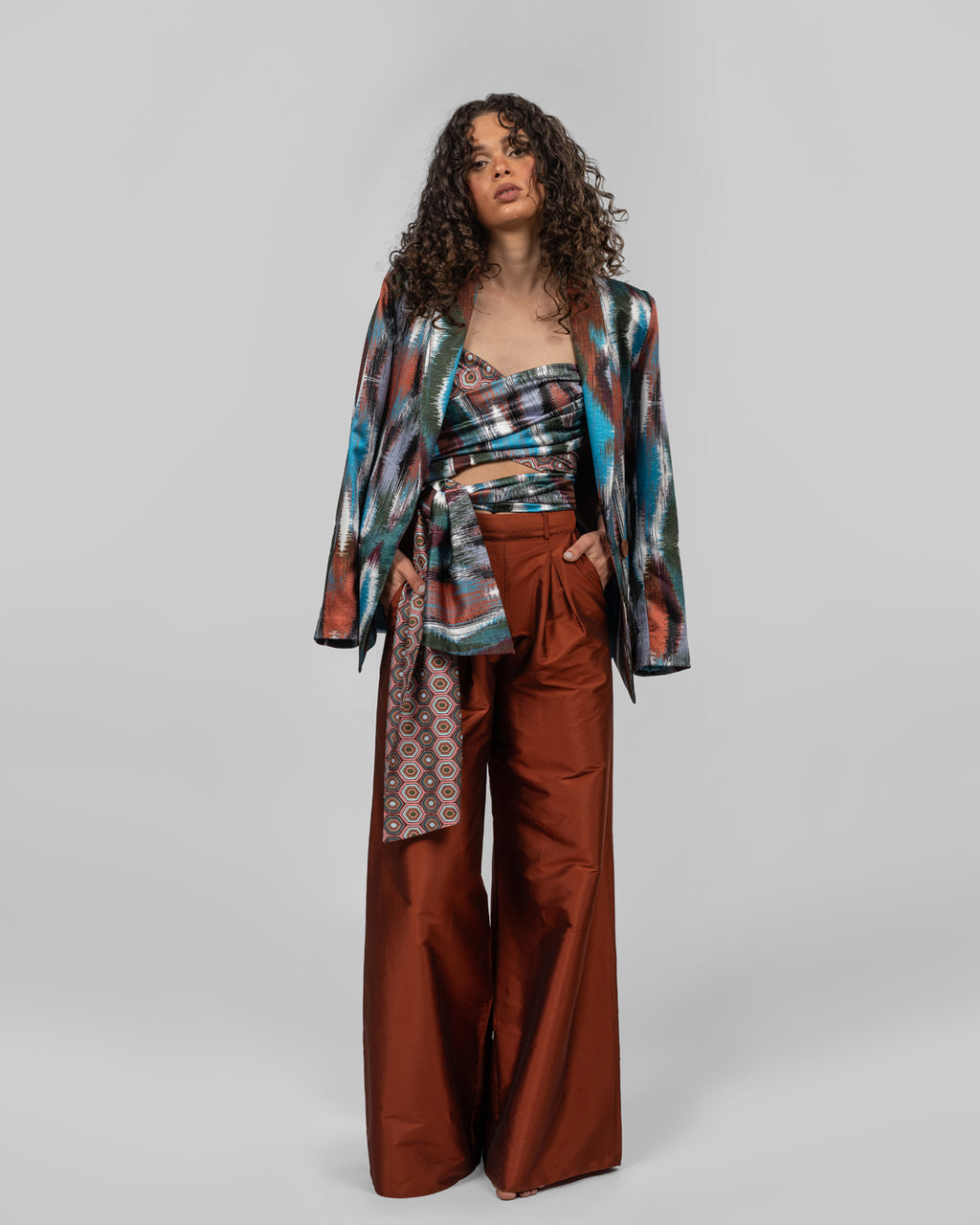 Italian colorful silk satin printed blazer