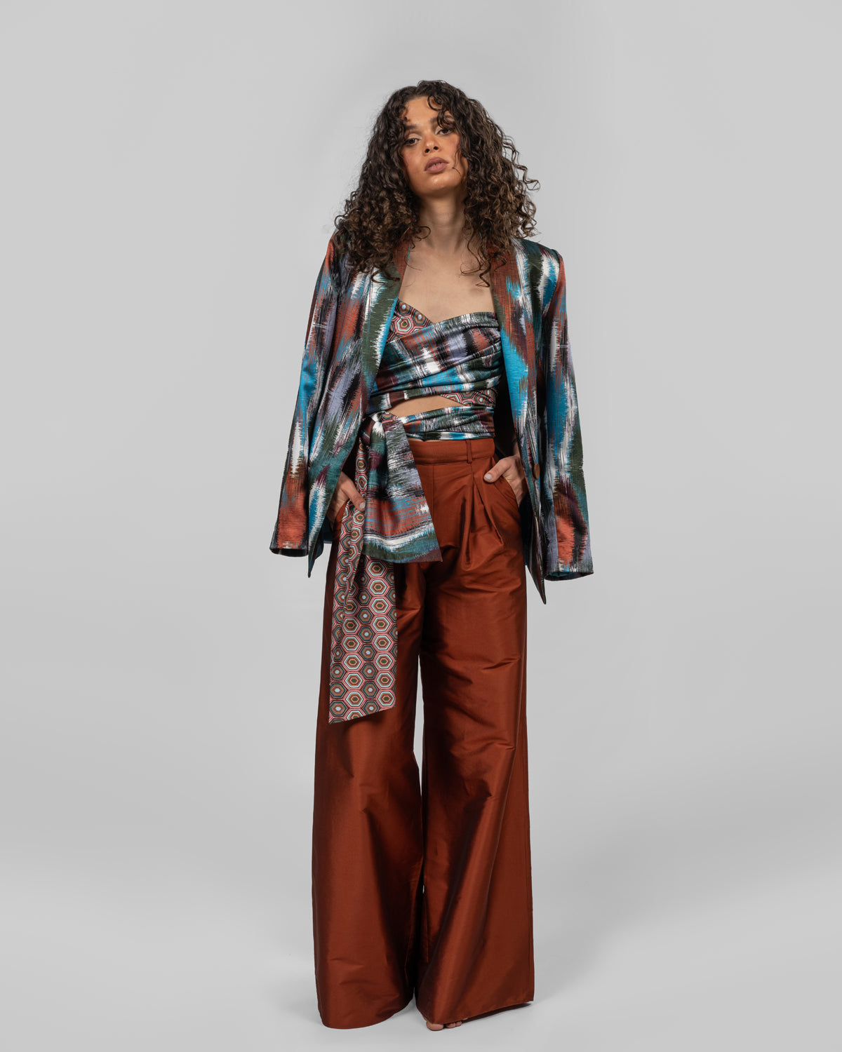 Italian colorful silk satin printed blazer