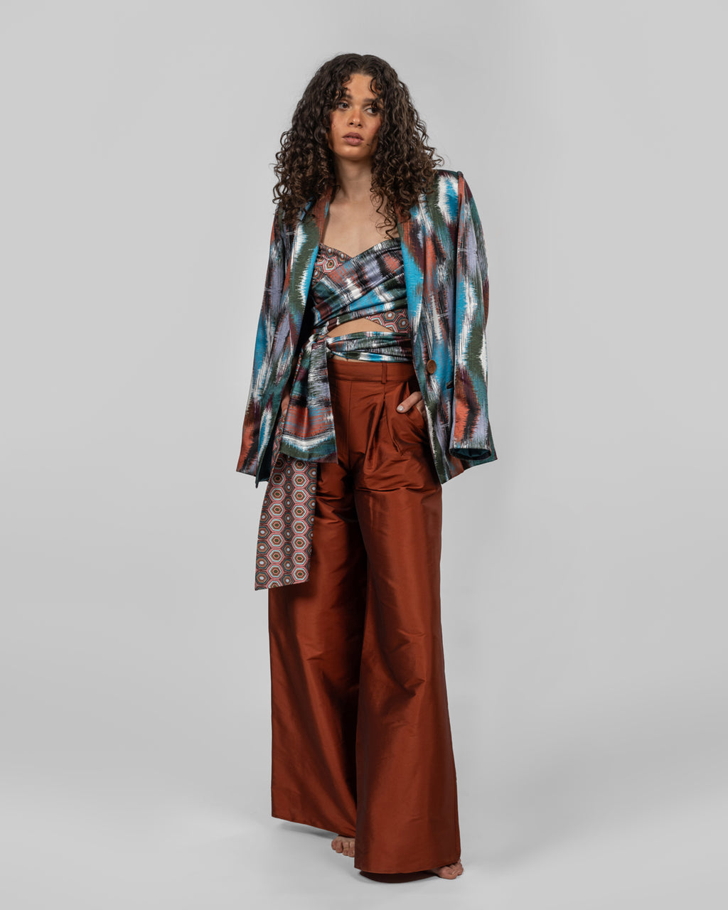 Italian colorful silk satin printed blazer