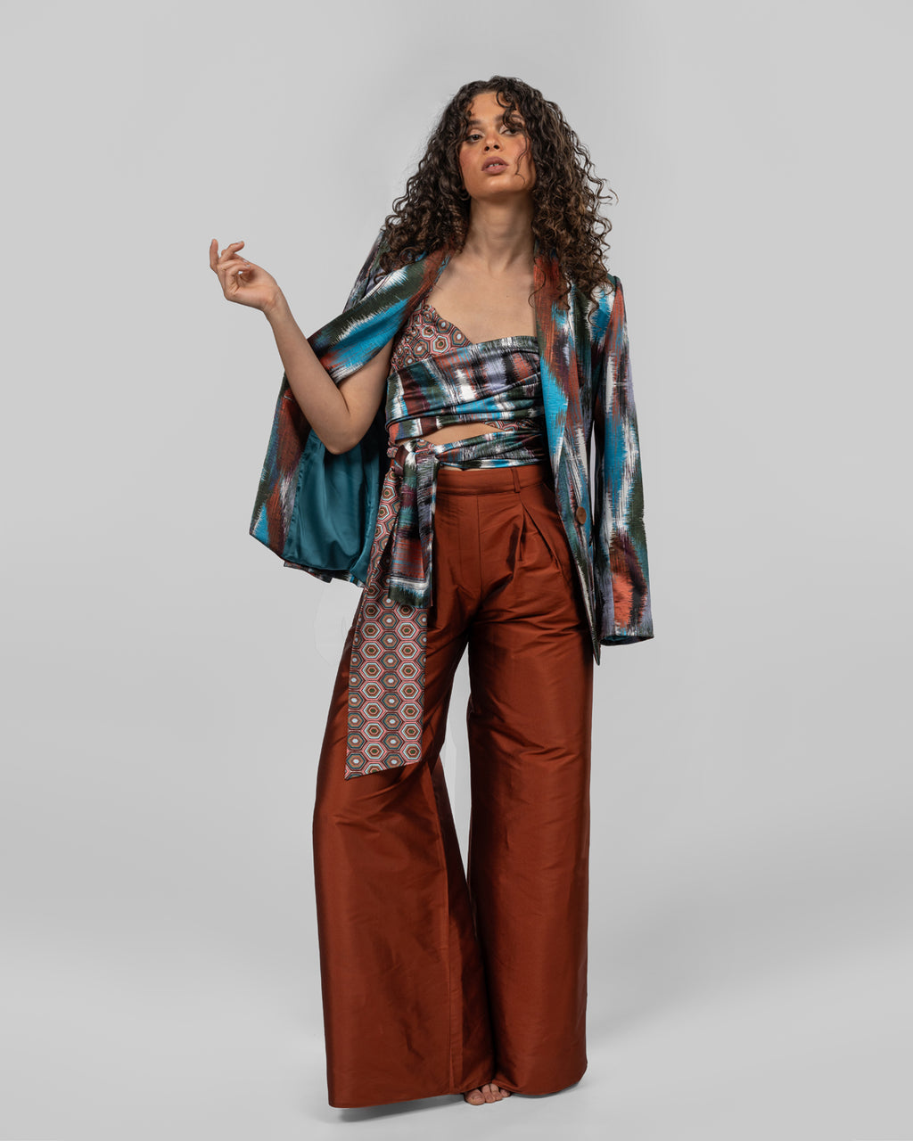Italian colorful silk satin printed blazer