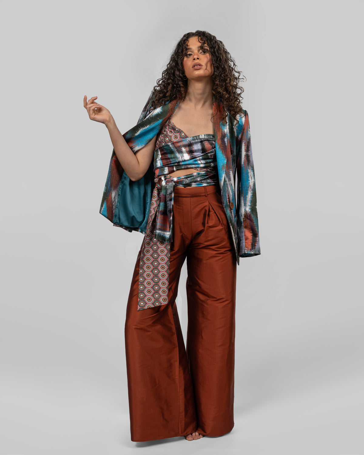 Italian colorful silk satin printed blazer