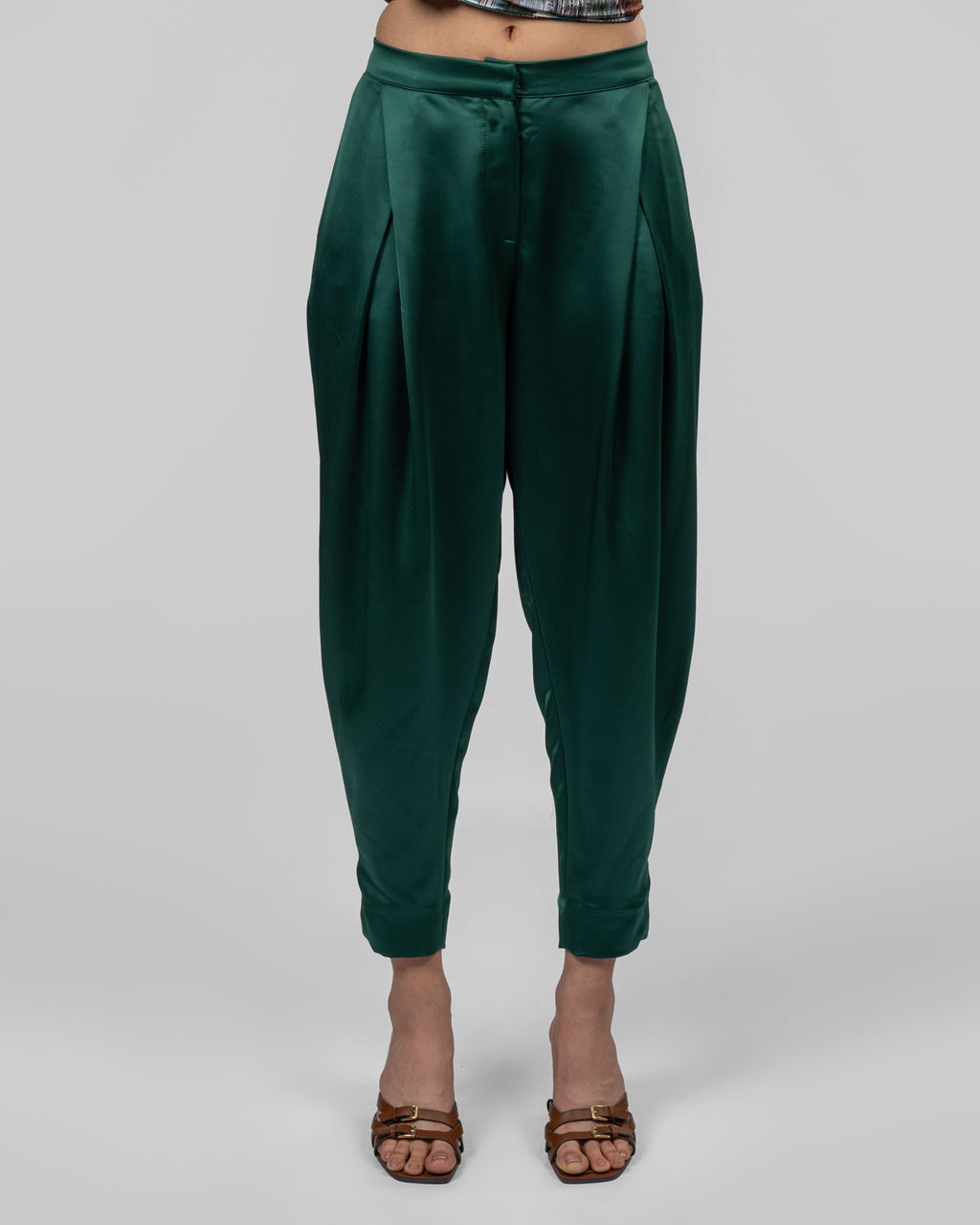 Luxurious emerald green silk satin trousers