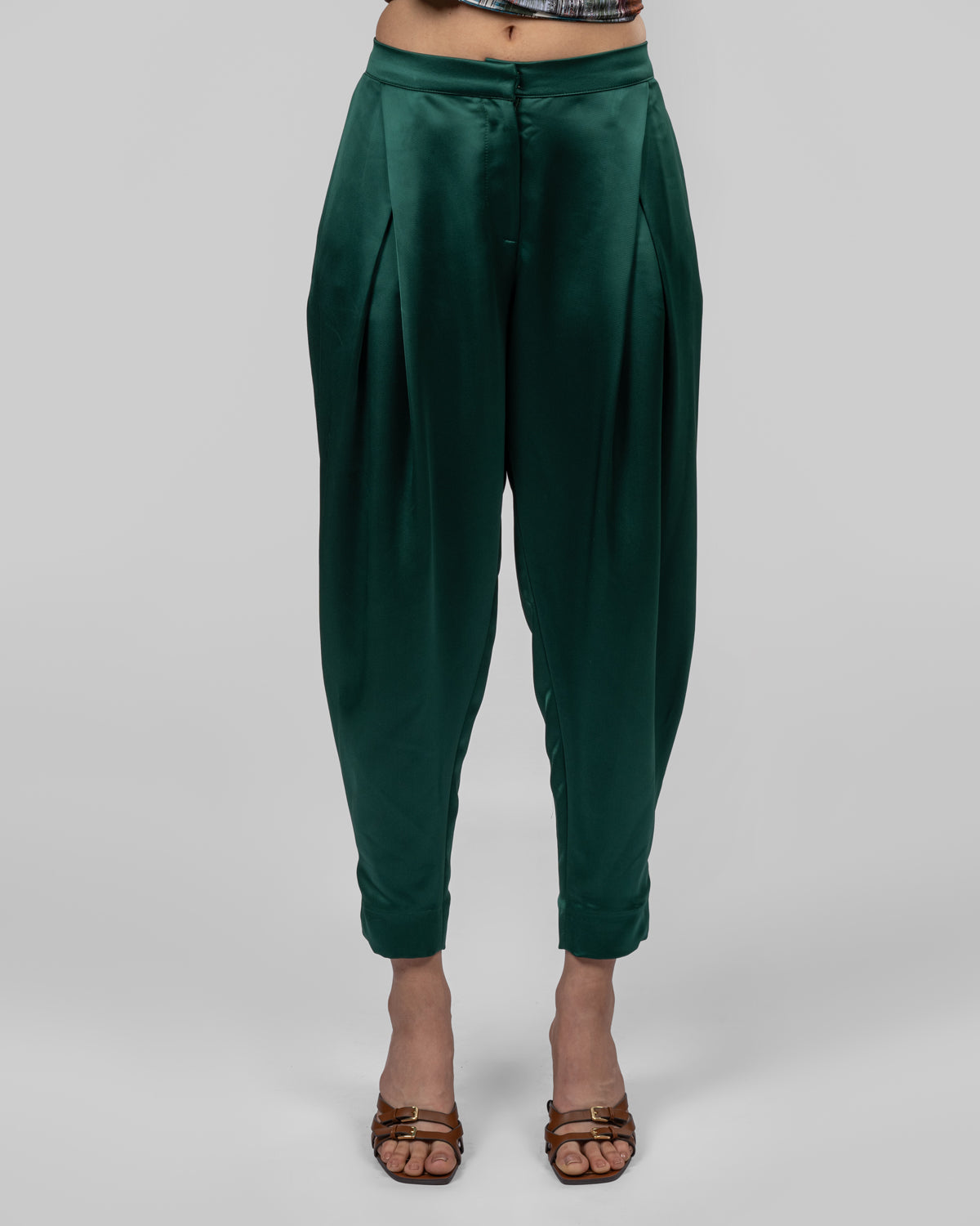 Luxurious emerald green silk satin trousers