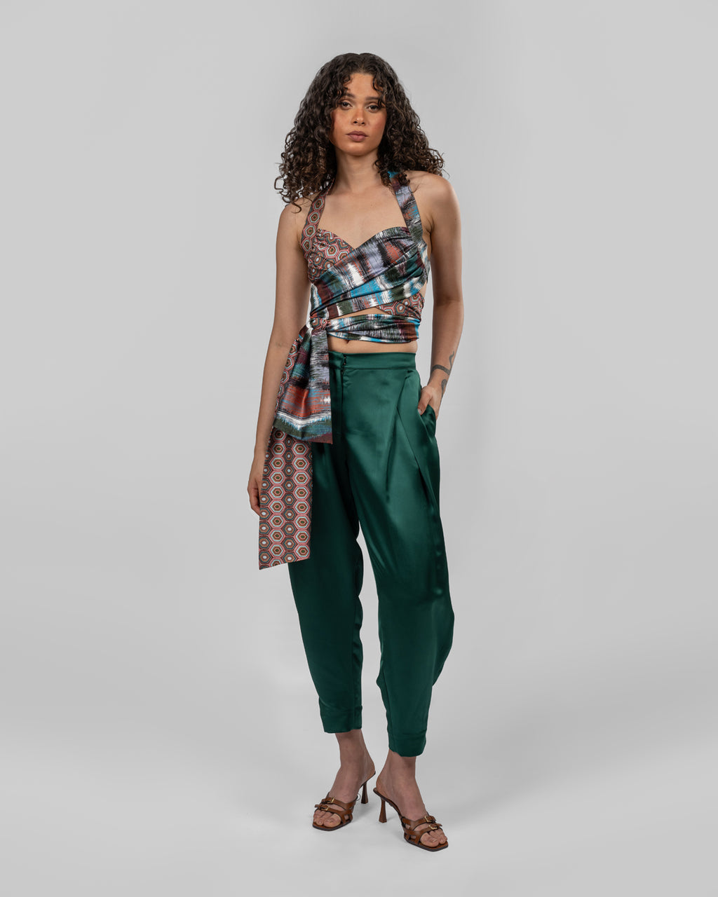 Luxurious emerald green silk satin trousers