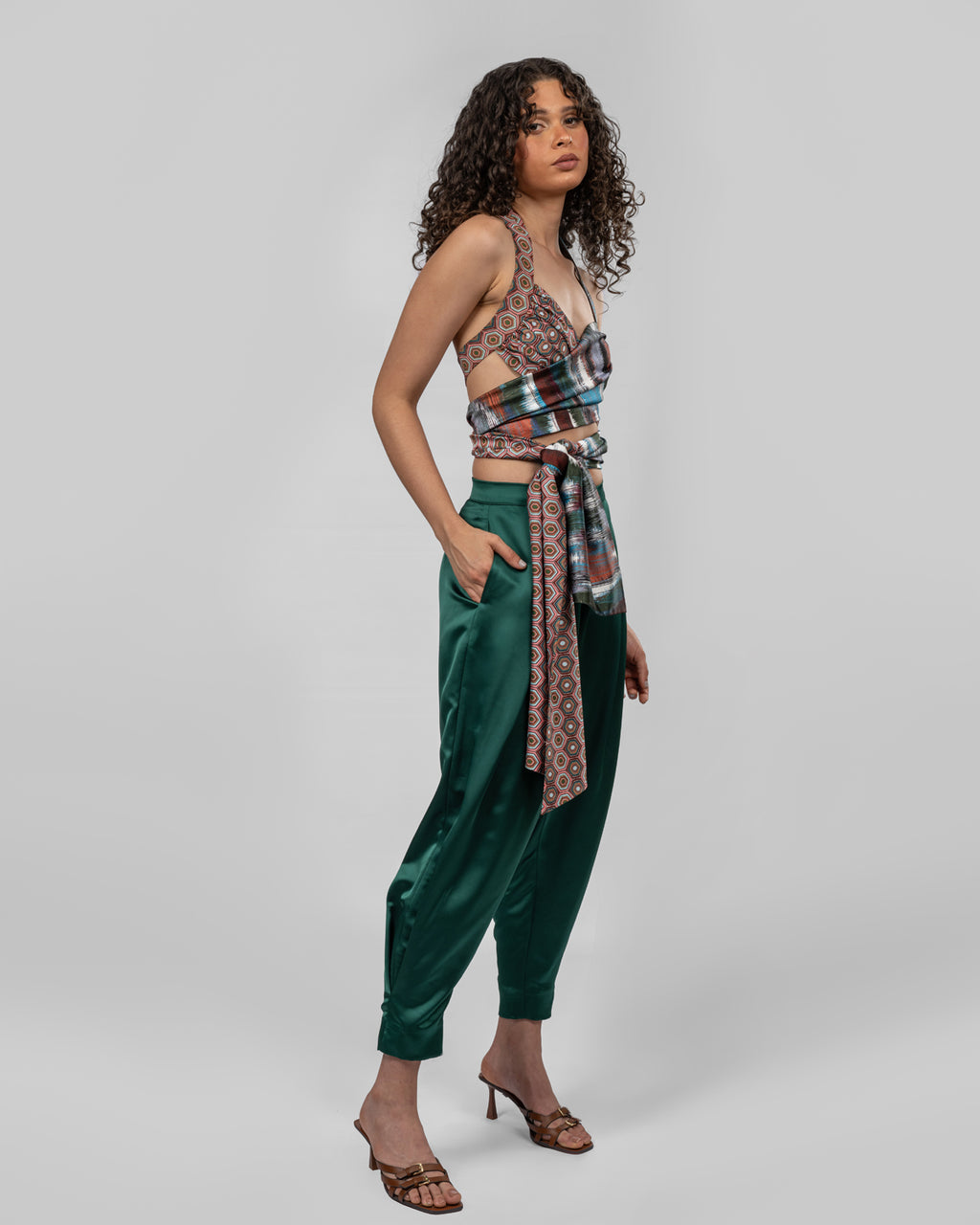 Luxurious emerald green silk satin trousers