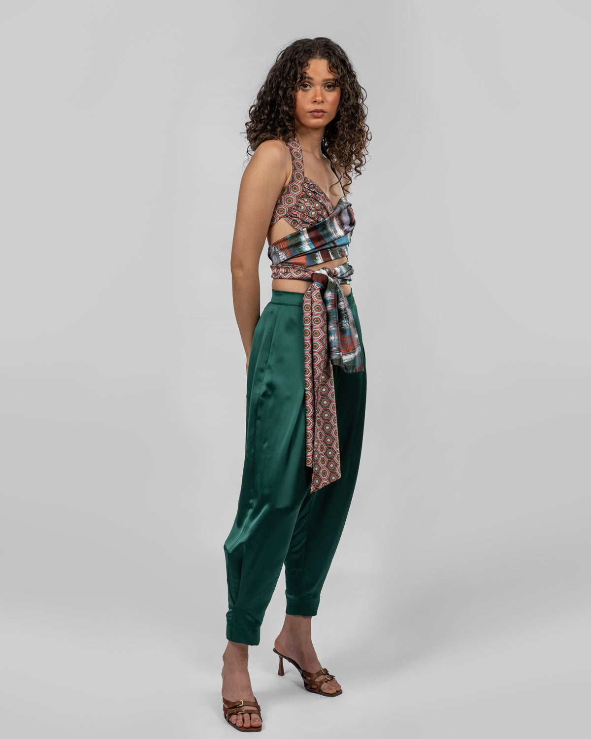 Luxurious emerald green silk satin trousers