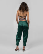 Luxurious emerald green silk satin trousers
