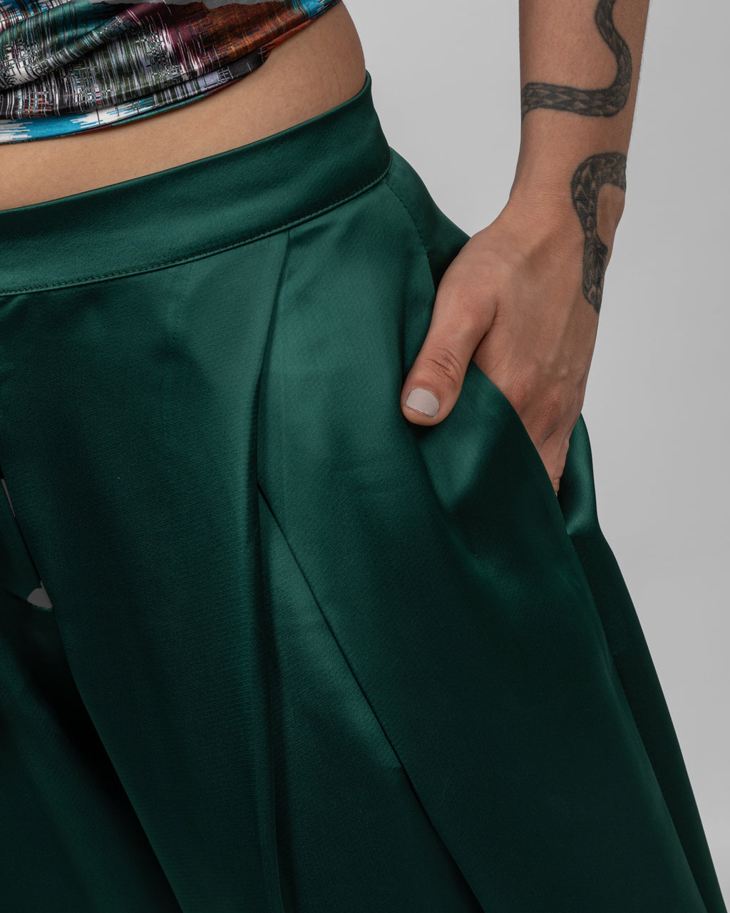 Luxurious emerald green silk satin trousers