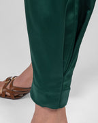 Luxurious emerald green silk satin trousers