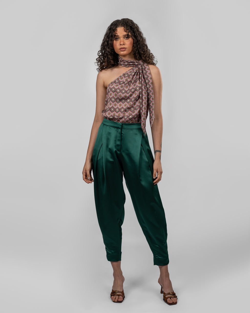 Printed Italian Silk Satin One-Shoulder Bodysuit