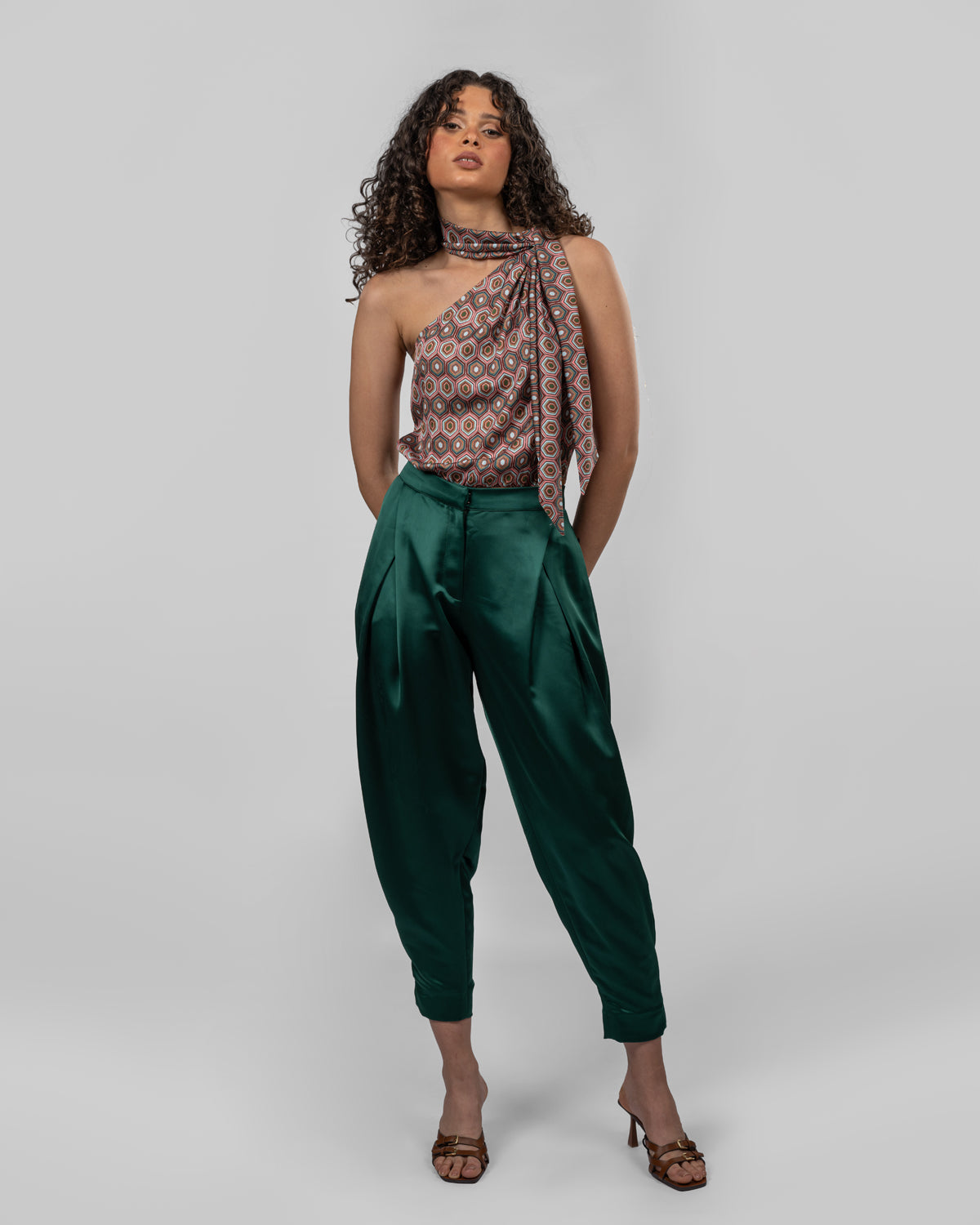 Printed Italian Silk Satin One-Shoulder Bodysuit