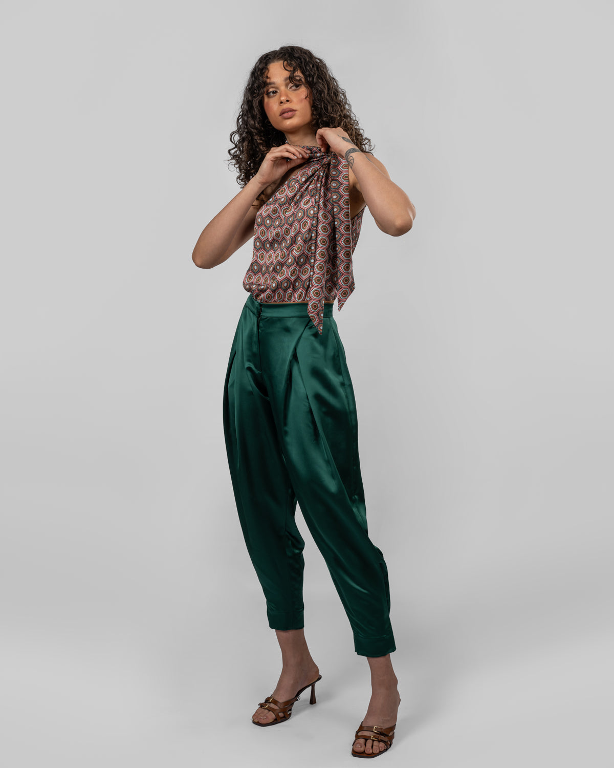Printed Italian Silk Satin One-Shoulder Bodysuit