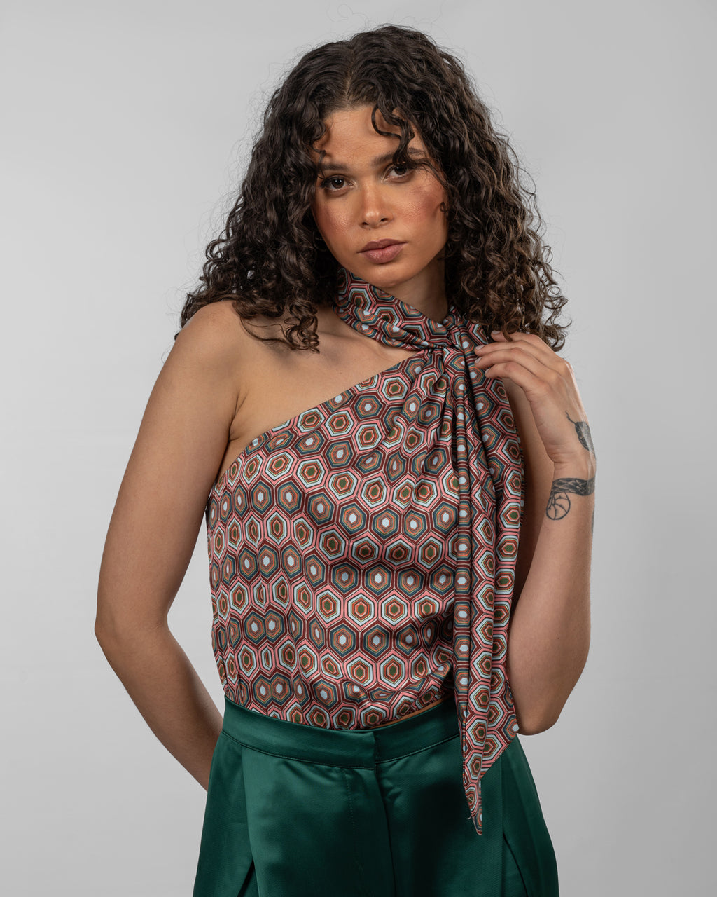 Printed Italian Silk Satin One-Shoulder Bodysuit