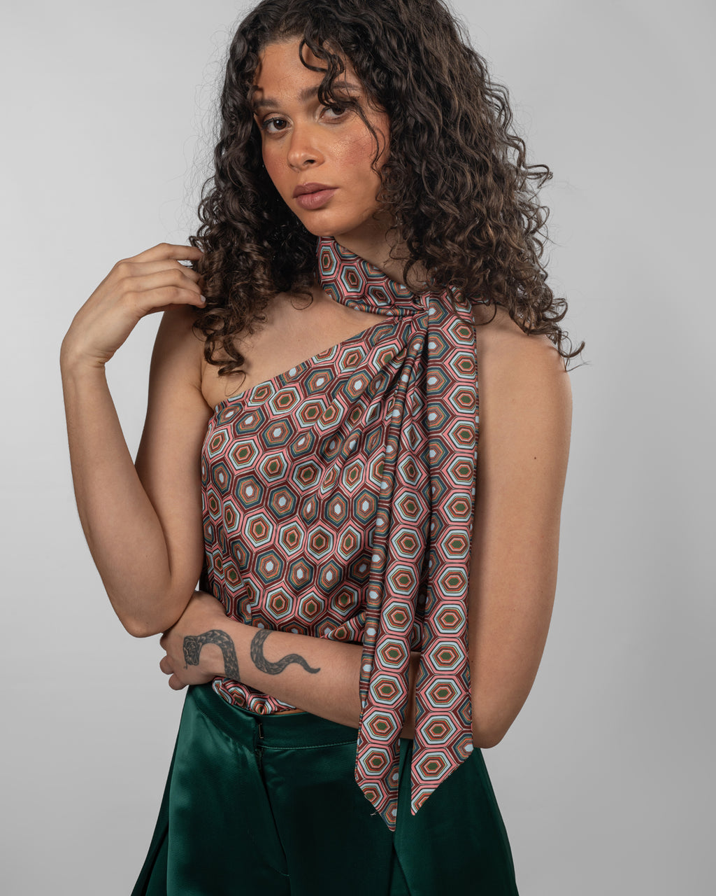 Printed Italian Silk Satin One-Shoulder Bodysuit