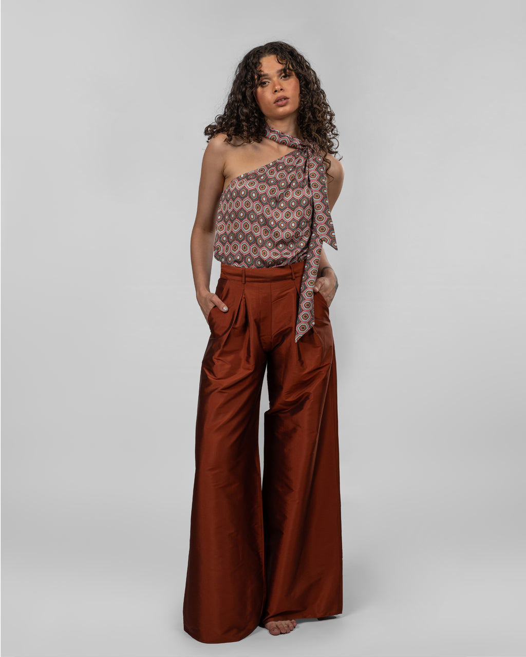 Printed Italian Silk Satin One-Shoulder Bodysuit