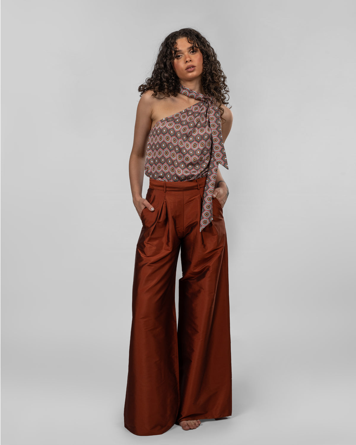 Printed Italian Silk Satin One-Shoulder Bodysuit