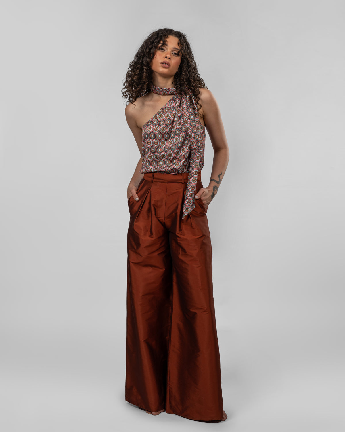Printed Italian Silk Satin One-Shoulder Bodysuit