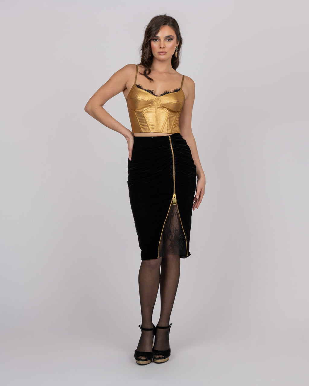 Black Silk Velvet Midi Skirt