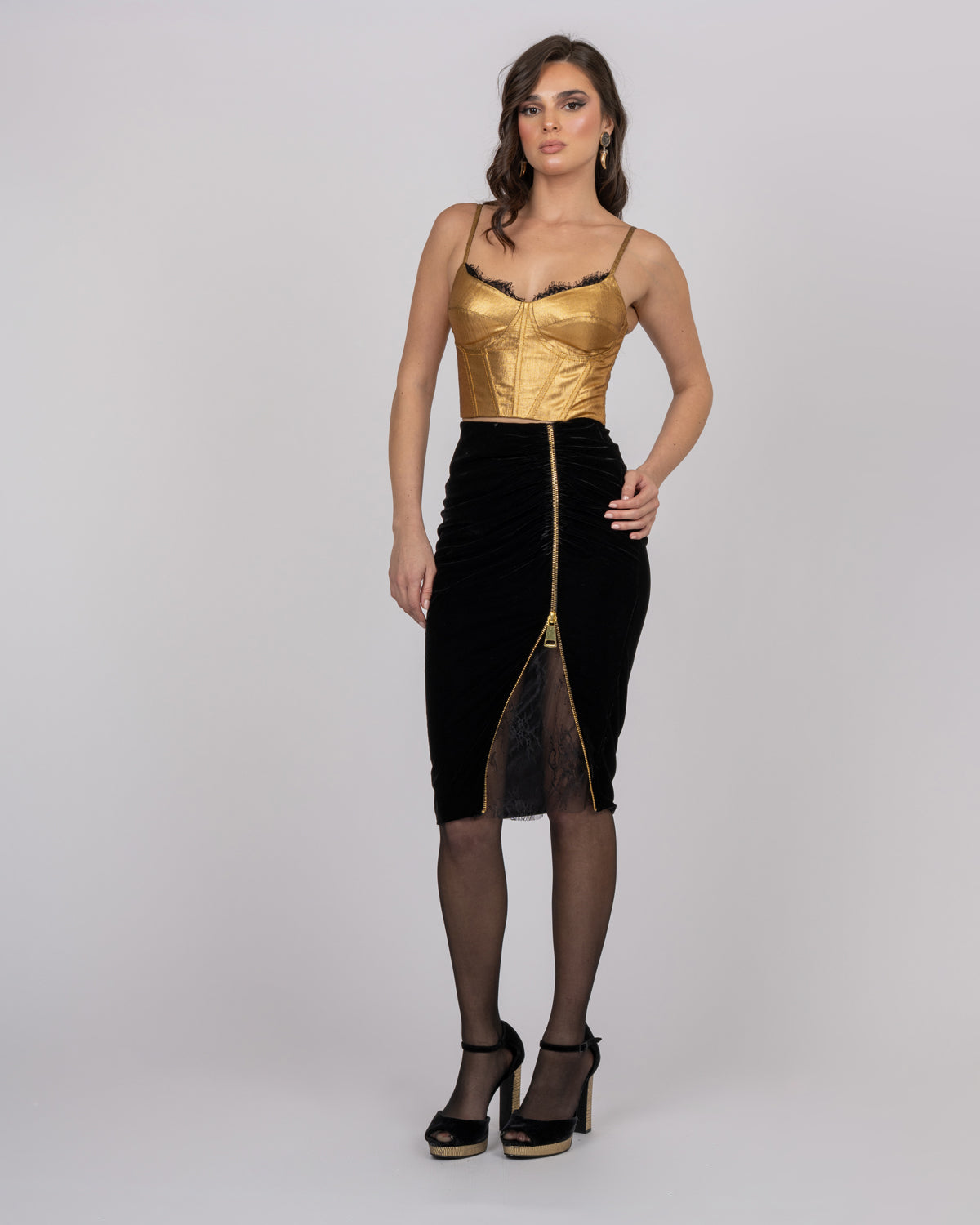 Black Silk Velvet Midi Skirt