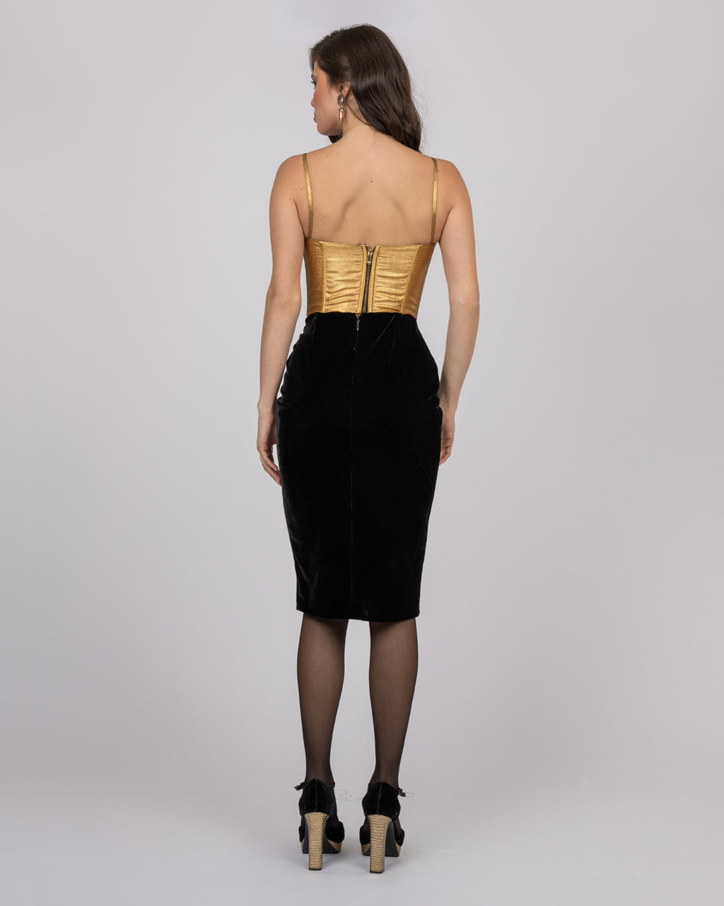 Black Silk Velvet Midi Skirt