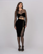 Black Silk Velvet Midi Skirt