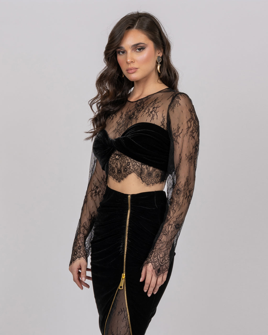 Black Silk Velvet Midi Skirt