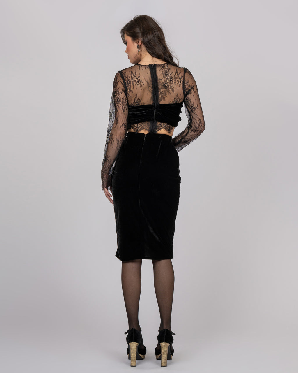 Black Silk Velvet Midi Skirt