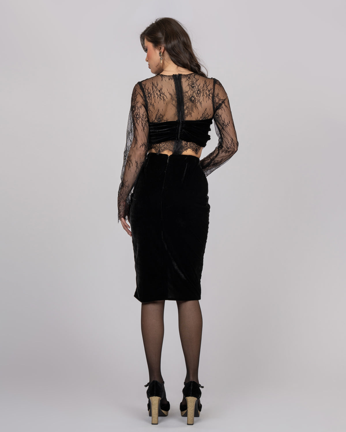 Black Silk Velvet Midi Skirt