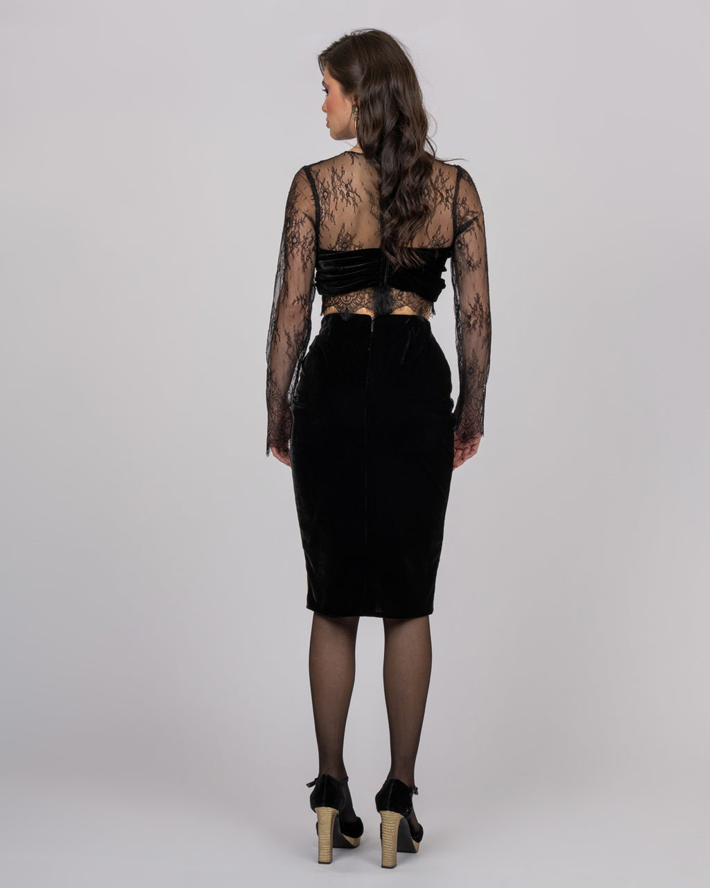 Black Silk Velvet Midi Skirt