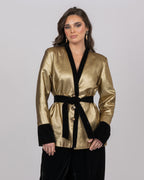 Gold Dotted Brocade Blazer Jacket with Velvet Accents