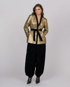 Gold Dotted Brocade Blazer Jacket with Velvet Accents