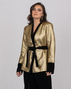 Gold Dotted Brocade Blazer Jacket with Velvet Accents