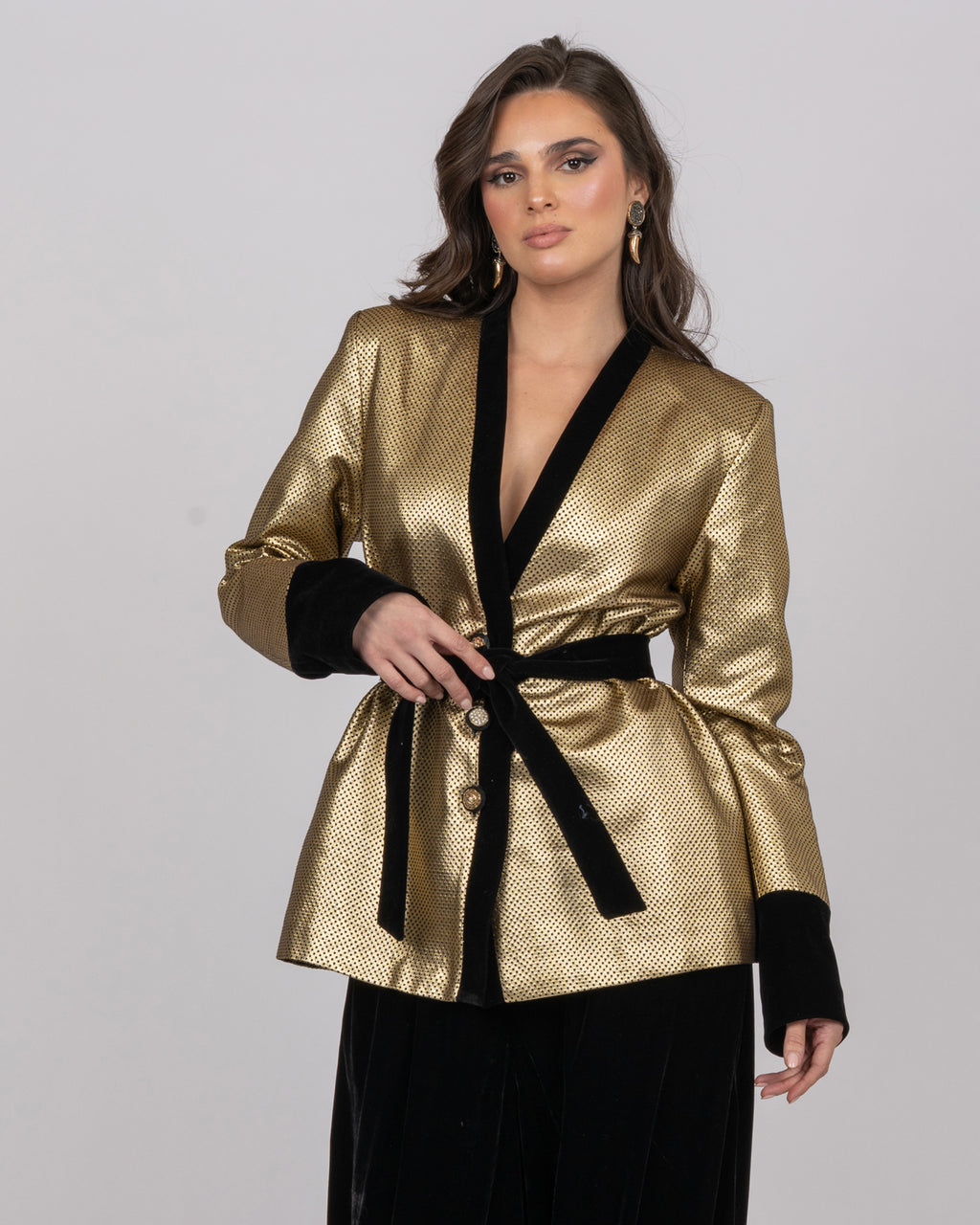 Gold Dotted Brocade Blazer Jacket with Velvet Accents