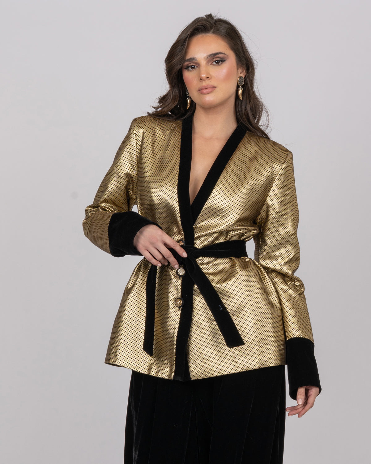 Gold Dotted Brocade Blazer Jacket with Velvet Accents