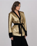 Gold Dotted Brocade Blazer Jacket with Velvet Accents
