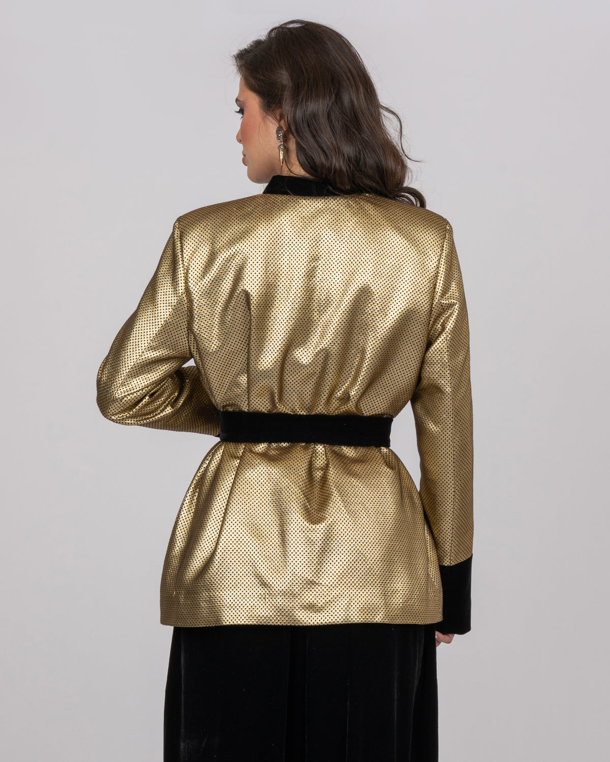 Gold Dotted Brocade Blazer Jacket with Velvet Accents