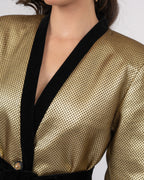 Gold Dotted Brocade Blazer Jacket with Velvet Accents