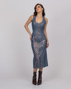 Cotton Denim-Effect Midi Dress with Camouflage Leopard Shimmer