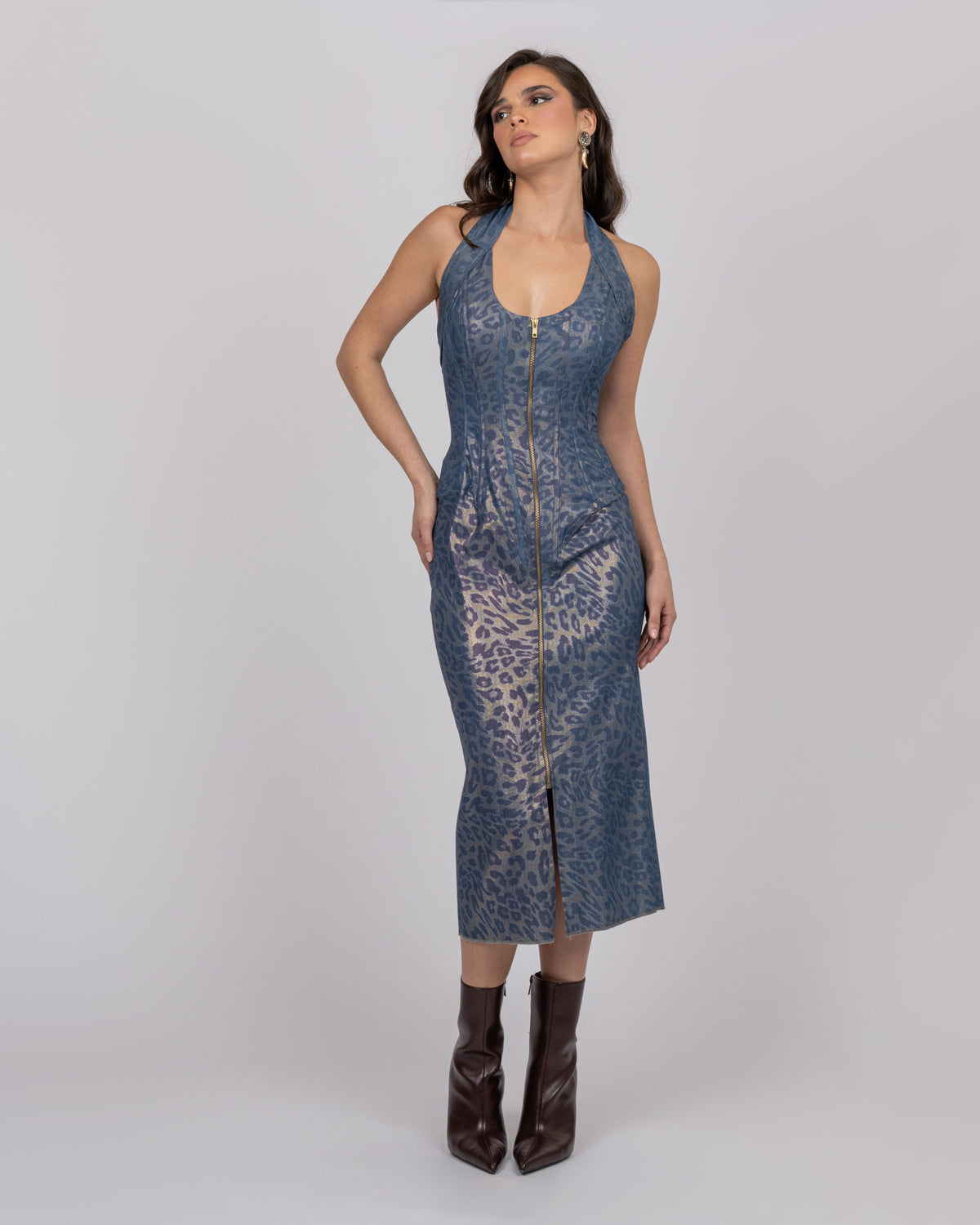 Cotton Denim-Effect Midi Dress with Camouflage Leopard Shimmer